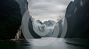 Deep river gorge with steep, forested cliffs and mist