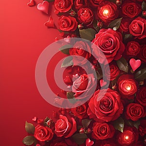 Deep romance Valentines day background with red roses and hearts