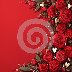 Deep romance Valentines day background with red roses and hearts