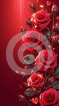 Deep romance Valentines day background with red roses and hearts