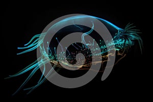 deep-sea creature is illuminated by bioluminescence, with its silhouette visible against the dark background