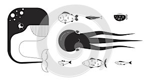 Deep sea creatures black and white 2D line cartoon characters set