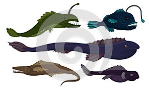 Deep Sea Creatures Vector Set. Marine Dangerous Fish with Sharp Teeth