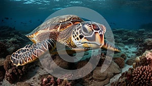 Deep sea diving with majestic sea turtles in tropical coral reef generated by AI