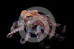 deep-sea octopus, with its arms and tentacles in motion, swimming through the depths