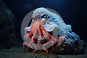 a deep-sea octopus perched on an underwater rock formation