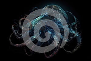 deep-sea octopus, surrounded by swirls of bioluminescence