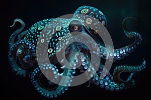deep-sea octopus, surrounded by swirls of bioluminescence