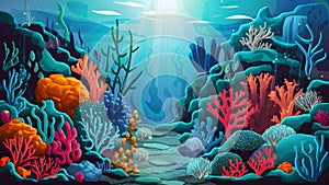 Deep sea scene with coral reef and underwater plants, marine illustration