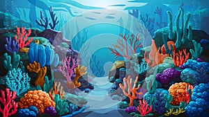 Deep sea scene with coral reef and underwater plants, marine illustration