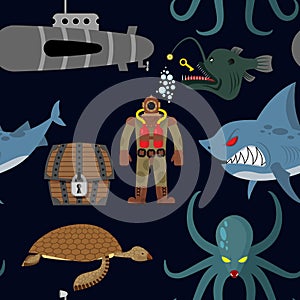 Deep sea seamless pattern. Diver and shark on black background.