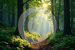 Deep, silent forest clearing bathed in sunlight, flora, quiet