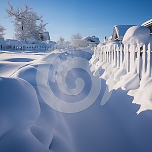 Deep snow drifts town alley path fence