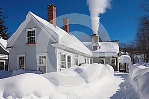 deep snow piled around a colonial house with two chimneys