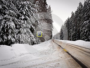 Deep snow winter forest road sprinkled with salt and sand