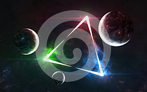 Deep space planets in blue-red-green triangular frame background