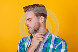 Deep thinker. Thinking man yellow background. Profile of pensive guy. Thinking is good