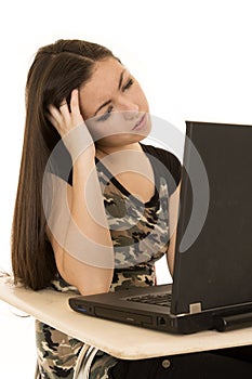 Deep thinking female model looking at her laptop computer