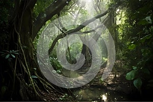 Deep tropical jungles of Southeast Asia with sun light. Generative AI