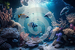 Deep underwater in rays of light, beautiful underwater, organic sea background, generated ai