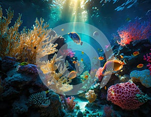 Deep underwater tropical landscape with corals of different colors