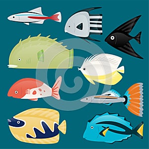 Deep water sea tropical aquatic marine fish set