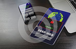 Deep Web and Darknet concept. Tablet PC with not indexed by search engines and deeper level of the Internet.