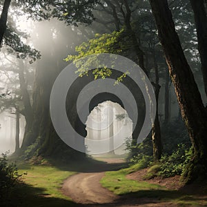 into the deep woods, atmospheric landscape with archway and ancient trees, misty and foggy mood made with