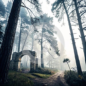 Deep woods pathway with archway photo
