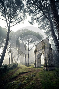 Deep woods pathway with archway photo