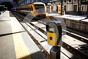 Deep yellow ticket validation machine on a railway, railroad station.