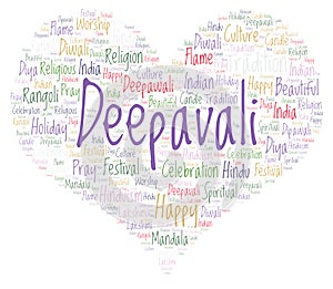Deepavali in heart shape word cloud.