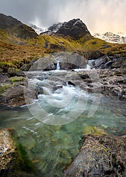 Deepdale Beck Stream With Dramatic Clouds And Mountain Range. Lake District, UK.