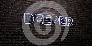 DEEPER -Realistic Neon Sign on Brick Wall background - 3D rendered royalty free stock image