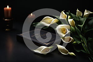 Deepest sympathy card with calla flower on black background. ai generative