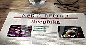 Deepfake AI disinformation fake news newspaper on table
