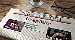 Deepfake AI disinformation fake news newspaper on table