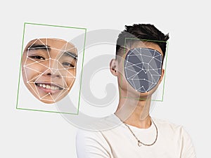 Deepfake concept matching facial movements with a different face of another person. Face swapping or impersonation photo