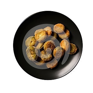 Deepfried Pickles On Black Smooth Round Plate On Isolated Transparent Background U.S. Dish. Generative AI photo