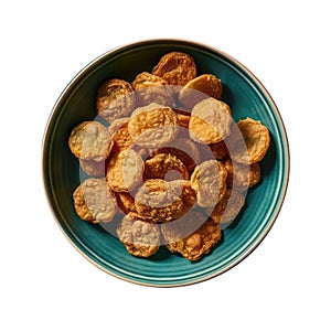 Deepfried Pickles On Blue Smooth Round Plate On Isolated Transparent Background U.S. Dish. Generative AI