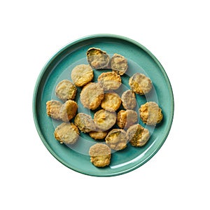 Deepfried Pickles On Blue Smooth Round Plate On Isolated Transparent Background U.S. Dish. Generative AI