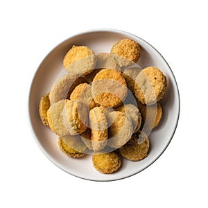 Deepfried Pickles On White Smooth Round Plate On Isolated Transparent Background U.S. Dish. Generative AI photo