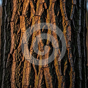 Deeply furrowed bark characterized by vertical irregular ridges and