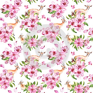 Deer animals in pink spring flowers. Cherry blossom, antelope. Seamless floral pattern. Watercolor repeated background