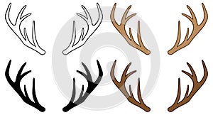 Deer Antlers Clipart Set - Outline, Silhouette & Color