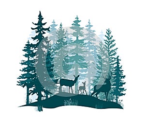 Deer with antlers, doe, fawn posing in magic misty forest. Silhouettes illustration.