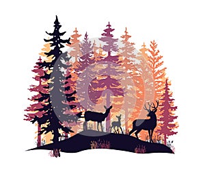 Deer with antlers, doe, fawn posing in magic misty forest. Silhouettes illustration.