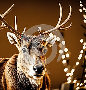 A deer with antlers and a red nose standing in front of a Christmas tree.