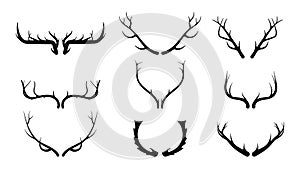 Deer antlers vector set. Hand drawn silhouettes of hunting trophies.Silhouette of the horns