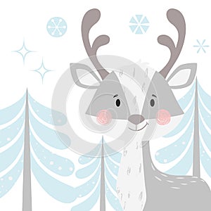Deer baby winter print. Cute animal in snowy forest christmas card.